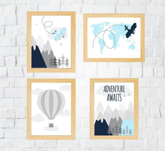Quadros Quarto Infantil Montanhas Avião Balão e Mapa Mundi