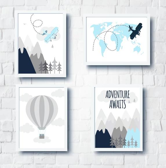 Quadros Quarto Infantil Montanhas Avião Balão e Mapa Mundi