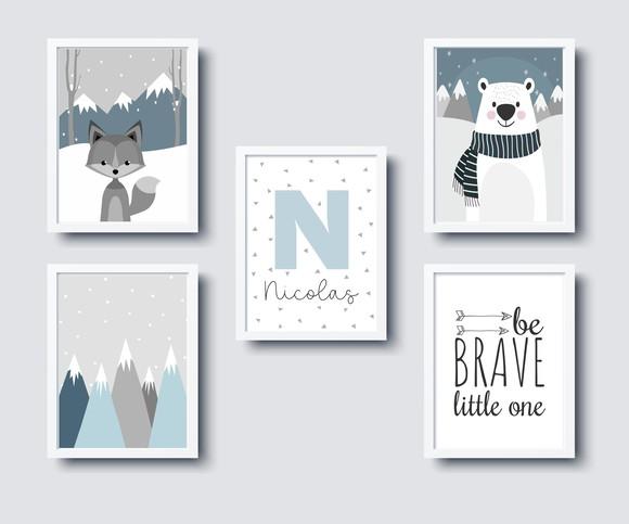 Quadros Quarto Infantil Raposa Montanhas e Urso e Nome