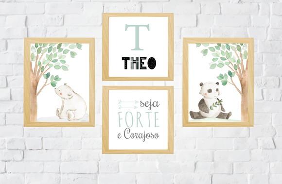 Quadros Quarto Infantil Ursos Panda e Polar Seja Forte
