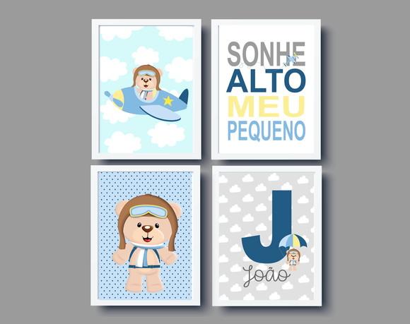 Quadros Ursinho Aviador Nome Personalizado A4