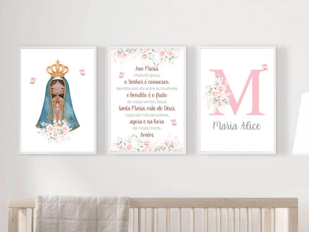 Quadros Decoração Bebê Infantil Nossa Senhora  Ave Maria e Nom