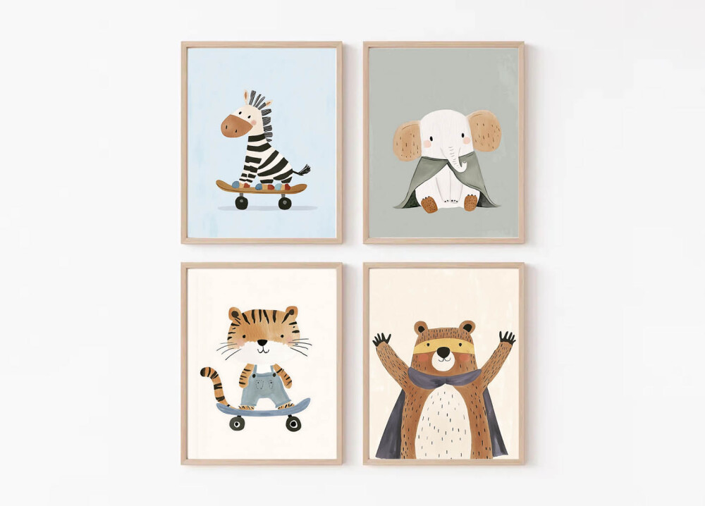 Kit Quadros Infantil Tigre Zebra Urso e Elefante Aquarela A3