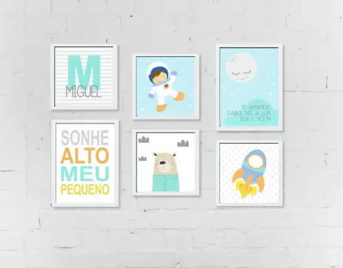 Composição Quadros Decoração Infantil Astronauta Lua Foguete