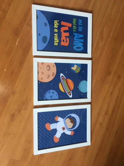 Composição Quadros Decoração Infantil Astronauta Lua Foguete