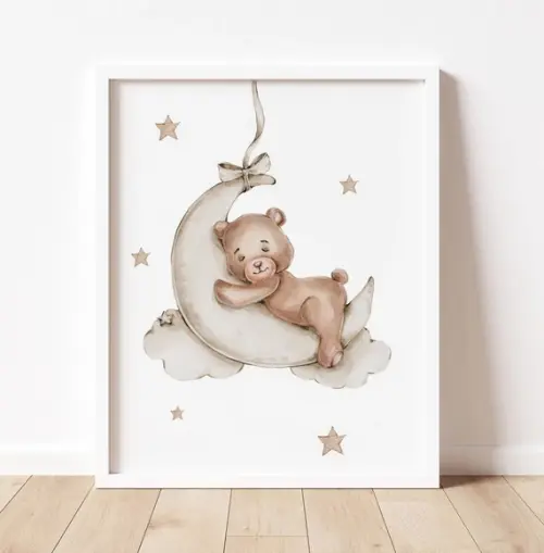 Conj 3 Quadros Infantil Ursinho Lua Nuvem e Balões