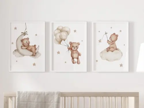Conj 3 Quadros Infantil Ursinho Lua Nuvem e Balões