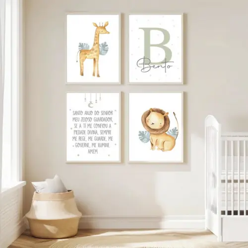 Conjunto 4 Quadros Infantil Leão Girafa Santo Anjo 33x45 cm