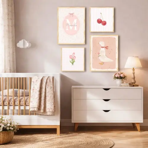 Conj 4 Quadros Infantil Cerejinha Ganso Flores e Nome