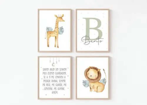 Conjunto 4 Quadros Infantil Leão Girafa Santo Anjo 33x45 cm