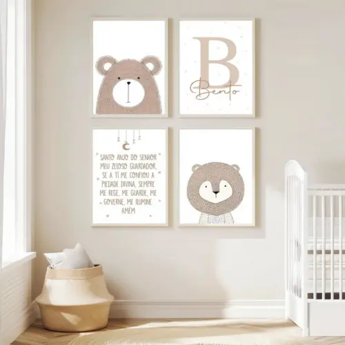 Conjunto 4 Quadros Infantil Leão Urso Santo Anjo 33x45 cm