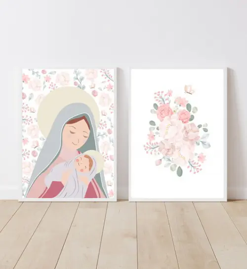 Kit 2 Quadros Infantil Nossa Senhora e Flores A3