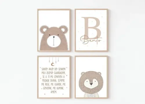 Conjunto 4 Quadros Infantil Leão Urso Santo Anjo 33x45 cm