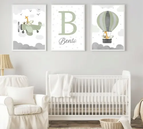 Kit 3 Quadros Infantil Animais Safari Balão Aquarela A3