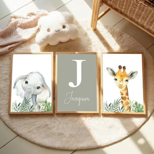 Kit 3 Quadros Infantil Animais Safari Aquarela e Nome