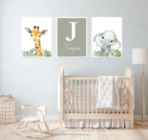 Kit 3 Quadros Infantil Animais Safari Aquarela e Nome