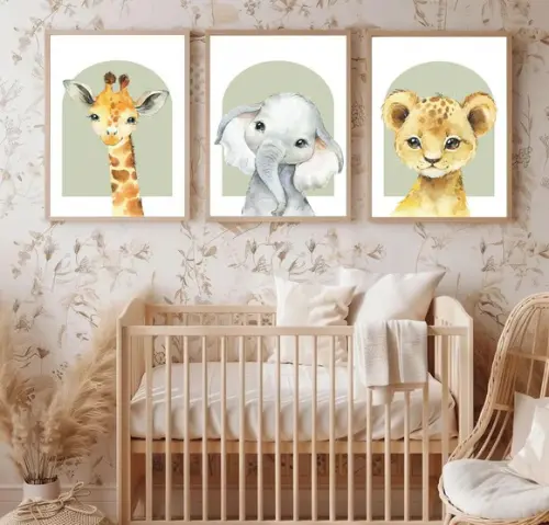 Kit 3 Quadros Infantil Animais Safari Girafa Leão Elefante