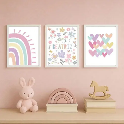Kit 3 Quadros Infantil Flores Corações e Arco Íris A3