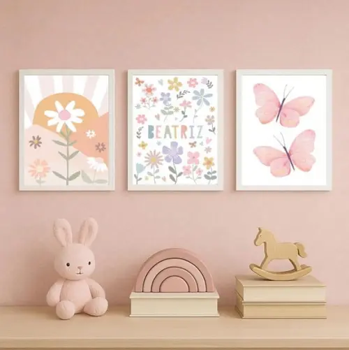Kit 3 Quadros Infantil Menina Flores Jardim e Borboletas