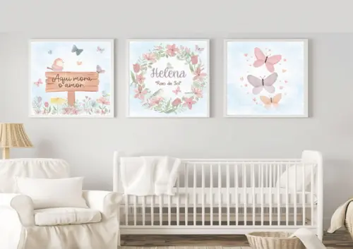 Kit 3 Quadros Infantil Jardim Pássaro Flores e Borboletas