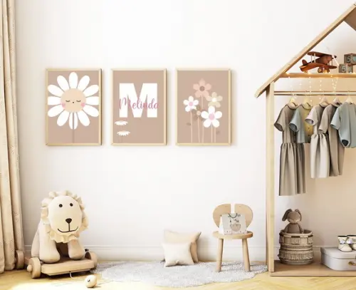 Kit 3 Quadros Infantil Margaridas e Nome Personalizado A3