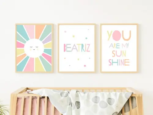 Kit 3 Quadros Infantil Menina Sol Nome e Sunshine Colorido