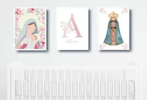 Kit 3 Quadros Infantil Nossa Senhora e Nome Florais A3