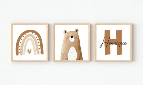 Kit 3 Quadros Infantil Urso Floresta Arco Íris e Nome