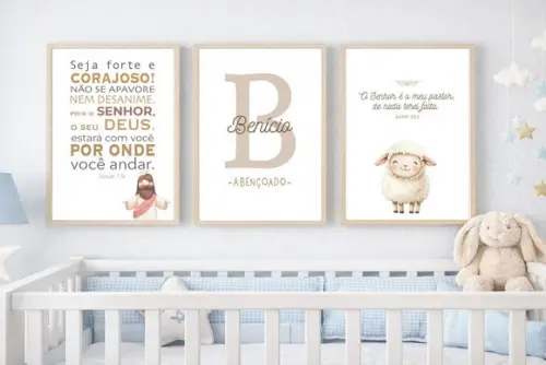 Kit 3 Quadros Ovelha Salmo 23 e Seja Forte e Corajoso