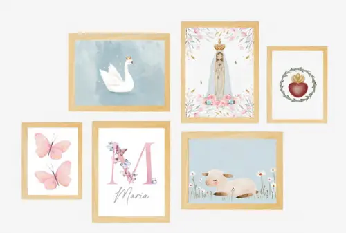 Kit 6 Quadros Infantil Nossa Senhora Ovelha Borboletas Nome