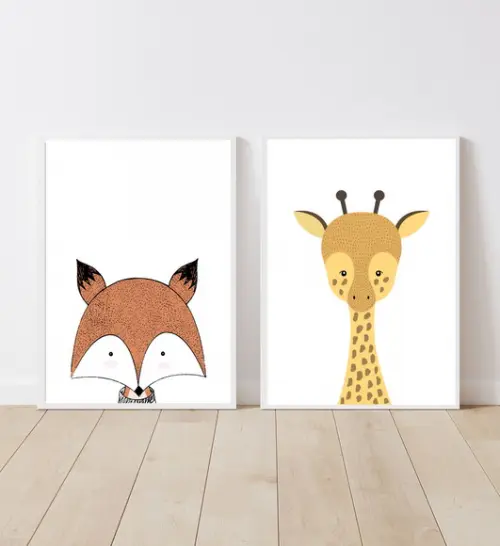 Kit c 2 Quadros Infantil Raposa e Girafa A3