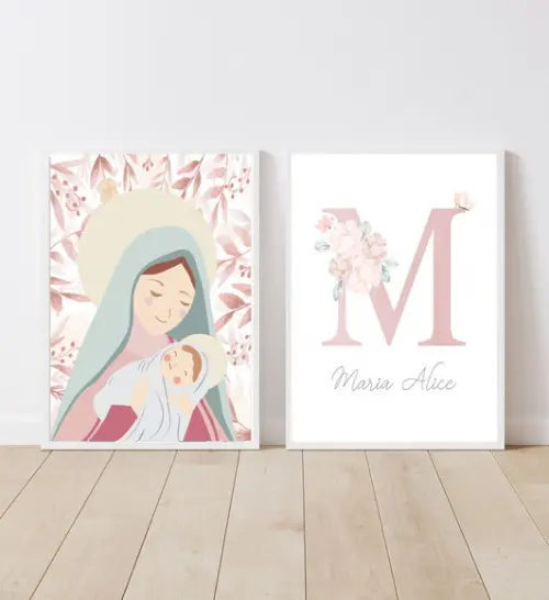 Kit c 2 Quadros Infantil Nossa Senhora e Nome Floral A3