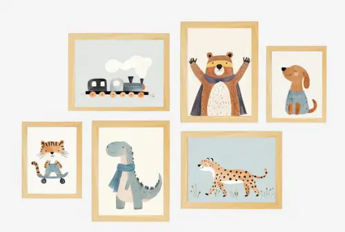 Kit 6 Quadros Infantil Urso Cachorro Dino Tigre e Trem