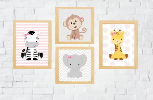 Kit Quadros Bebê Menina Animais Safari