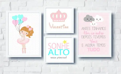 Kit Quadros Bebê Menina Bailarina Coroa Nome e Nuvens