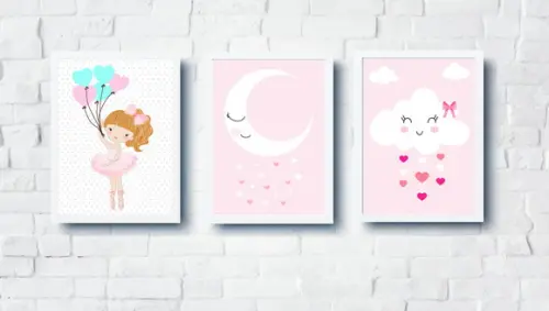 Kit Quadros Bebê Menina Bailarina Lua e Nuvem A4