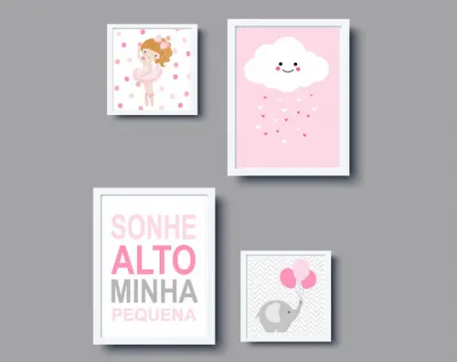 Kit Quadros Bebê Menina Bailarina Elefante Balões Nuvem A4