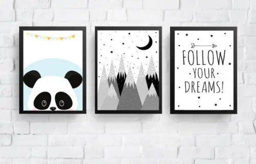 Kit Quadros Bebê Menino Urso Panda Montanhas e Follow