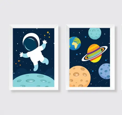 Kit Quadros Decoração Bebê Astronauta e Planetas