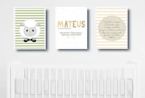 Kit Quadros Decoração Bebê Ovelha Versículo e Nome