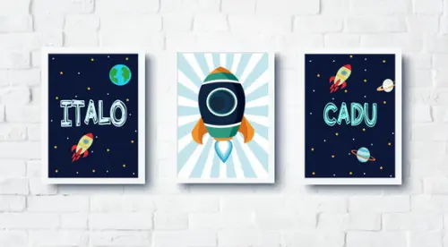 Kit Quadros Decoração Infantil Nomes Foguete