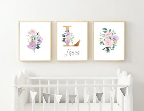 Kit Quadros Decoração Menina Nome Floral Aquarela A3