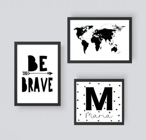 Kit Quadros Escandinavo Be Brave Mapa Avião e Nome