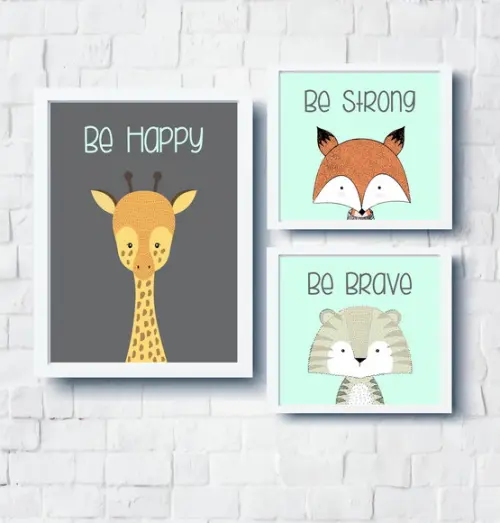 Kit Quadros Girafa Be Happy Raposa Tigre