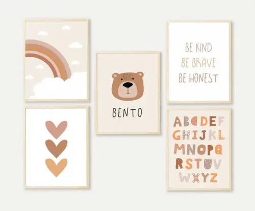 Kit Quadros Infantil Alfabeto Arco Íris Urso e Be Brave A4