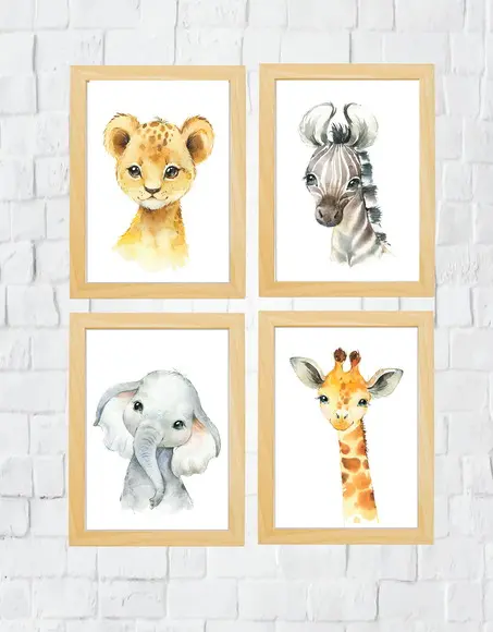 Kit Quadros Infantil Animais Safari Aquarela A4