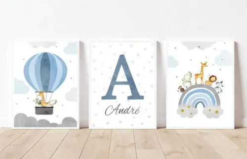 Kit Quadros Infantil Animais Safari Balão Aquarela Azul A4