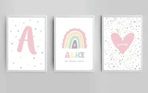 Kit Quadros Infantil Arco Íris Candy Nome e Coração A3