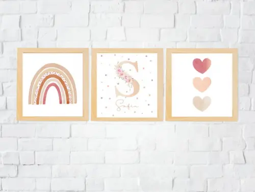 Kit Quadros Infantil Arco Íris Corações e Nome Personalizado