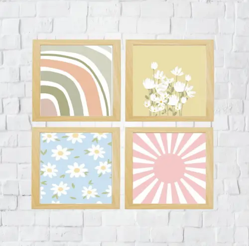 Kit Quadros Infantil Arco Íris Margaridas e Sol Boho